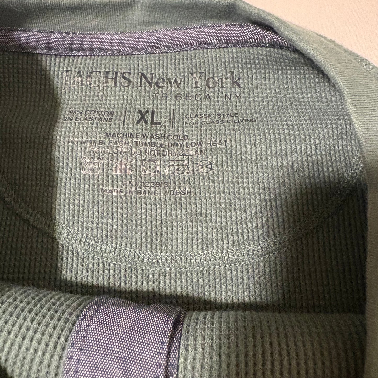 Jachs New York XL Green Waffle Knit Long Sleeve Henley Shirt Cotton Blend