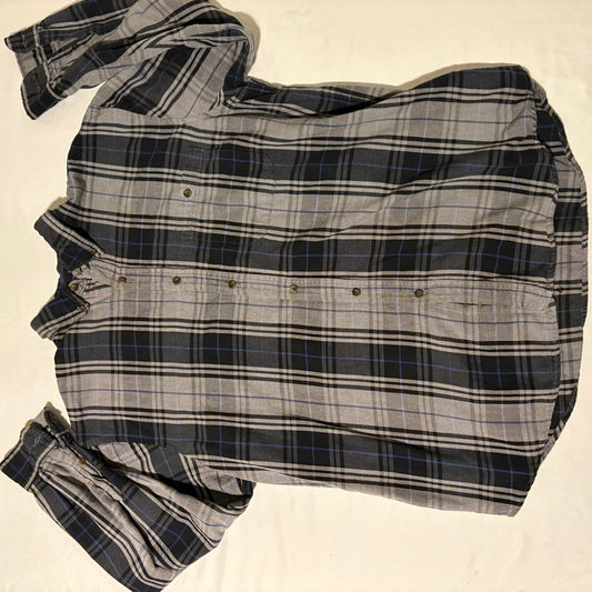 Men’s XL Gray Black Blue Plaid Flannel Button Up Long Sleeve Shirt 100% Cotton Workwear