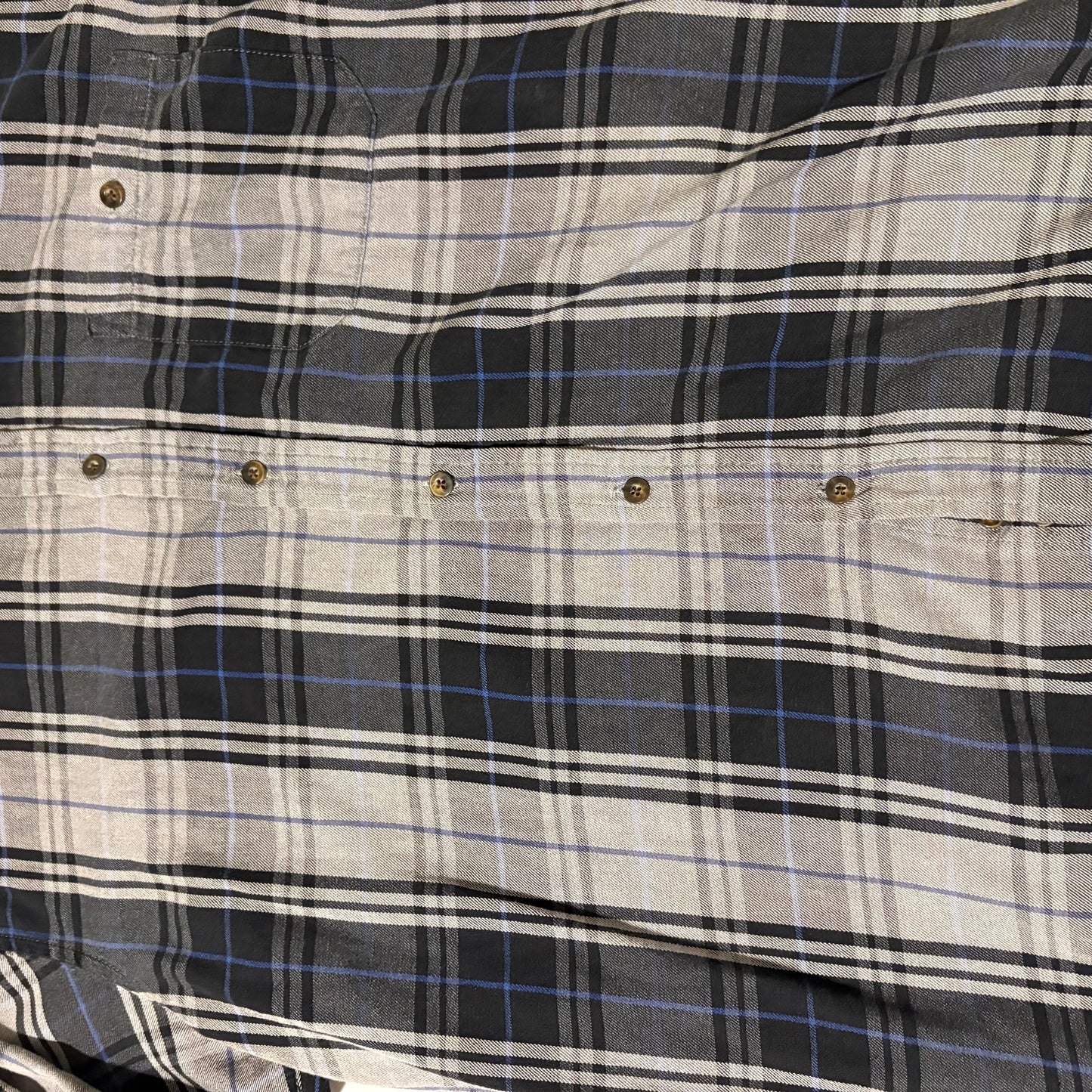 Men’s XL Gray Black Blue Plaid Flannel Button Up Long Sleeve Shirt 100% Cotton Workwear