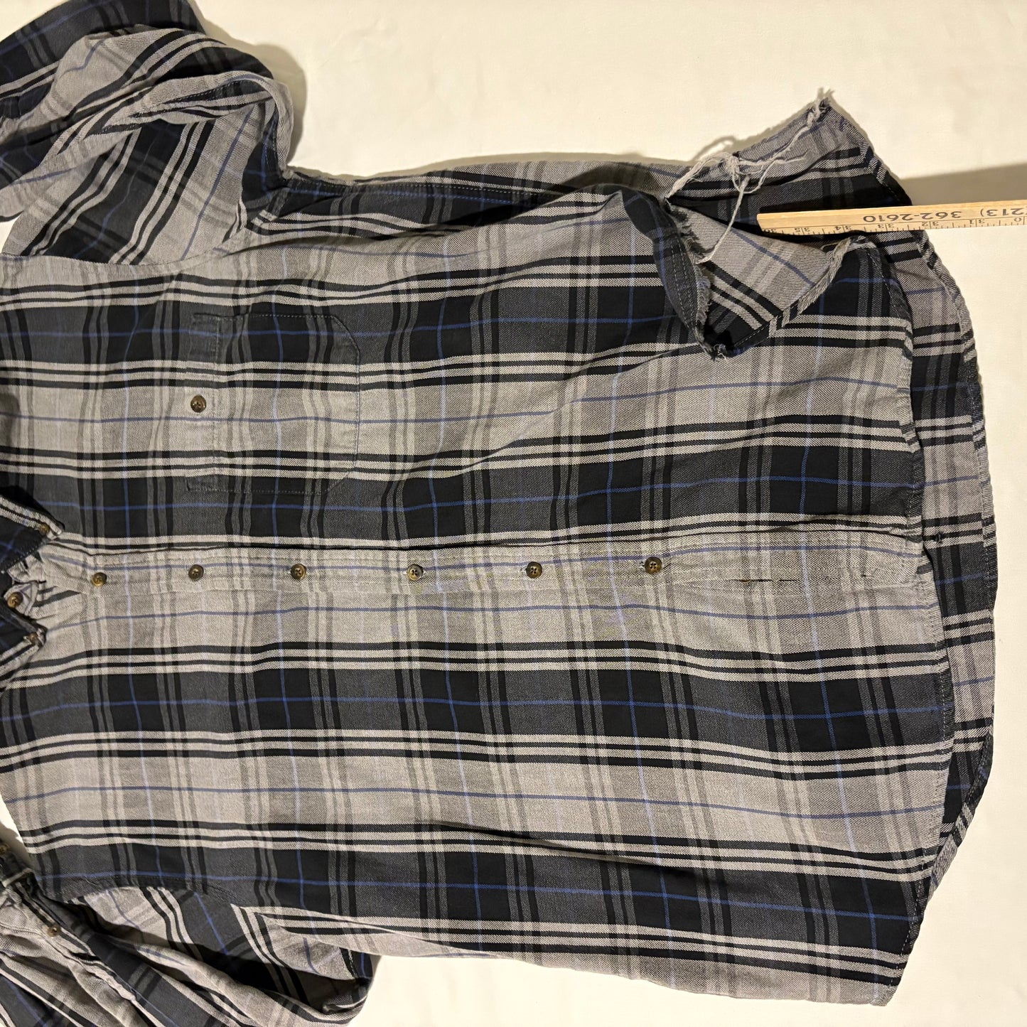 Men’s XL Gray Black Blue Plaid Flannel Button Up Long Sleeve Shirt 100% Cotton Workwear