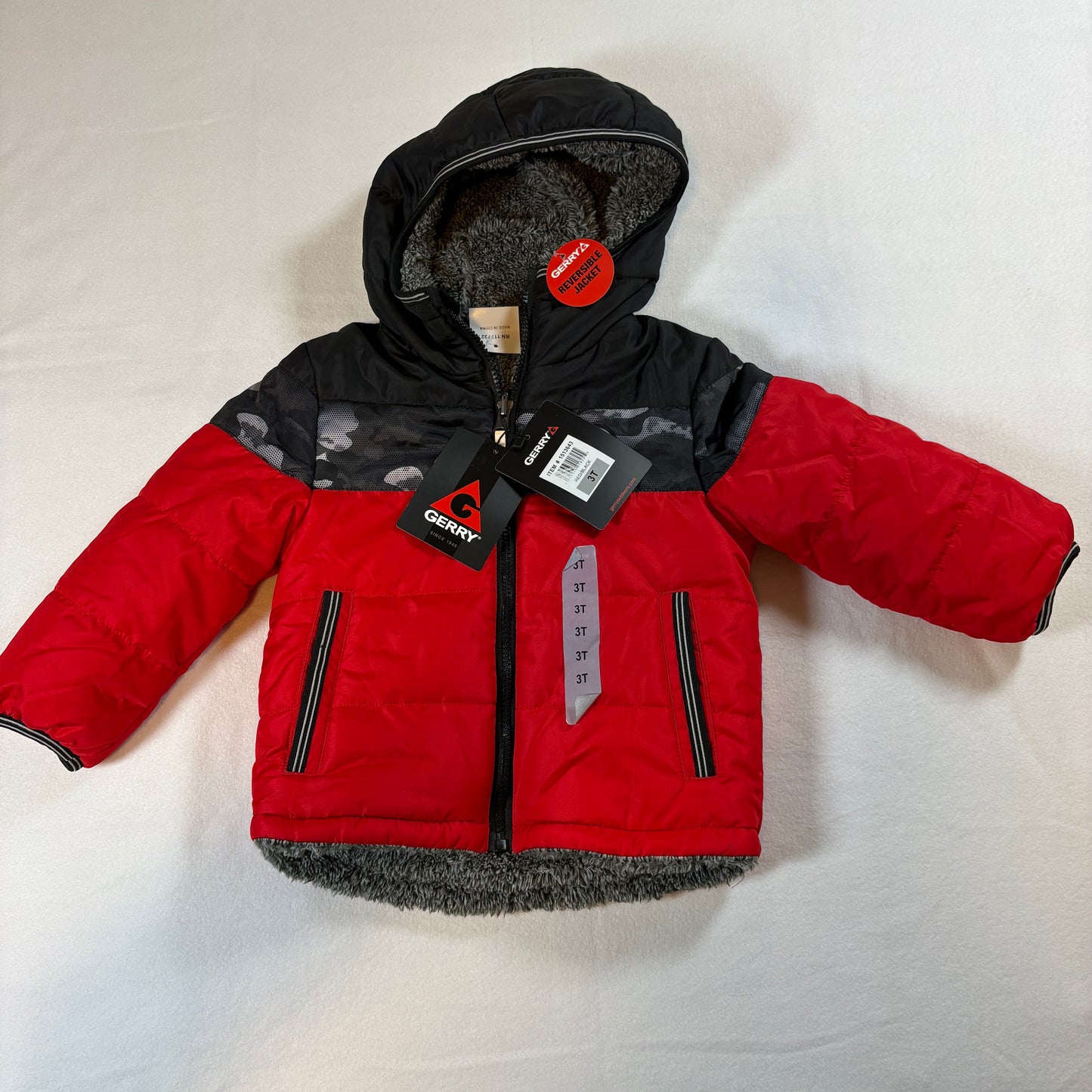 Gerry Puffer Jacket Boys 3T Red Black Reversible Hooded Winter Coat Warm Ski NWT
