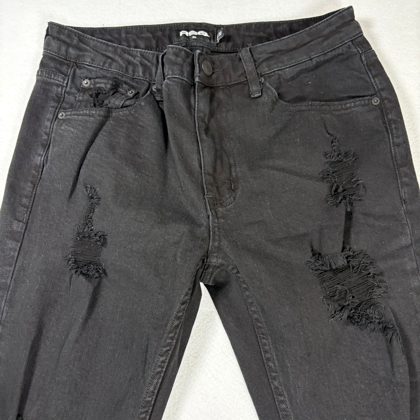 RSQ Mens Jeans Sz 30x32 Black Denim Slim Fit Distressed Ripped Grunge Y2K