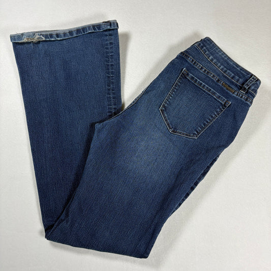 NY&C Soho Womens Jeans Sz 12 High Rise Flare Blue Denim Y2K Distressed Hem