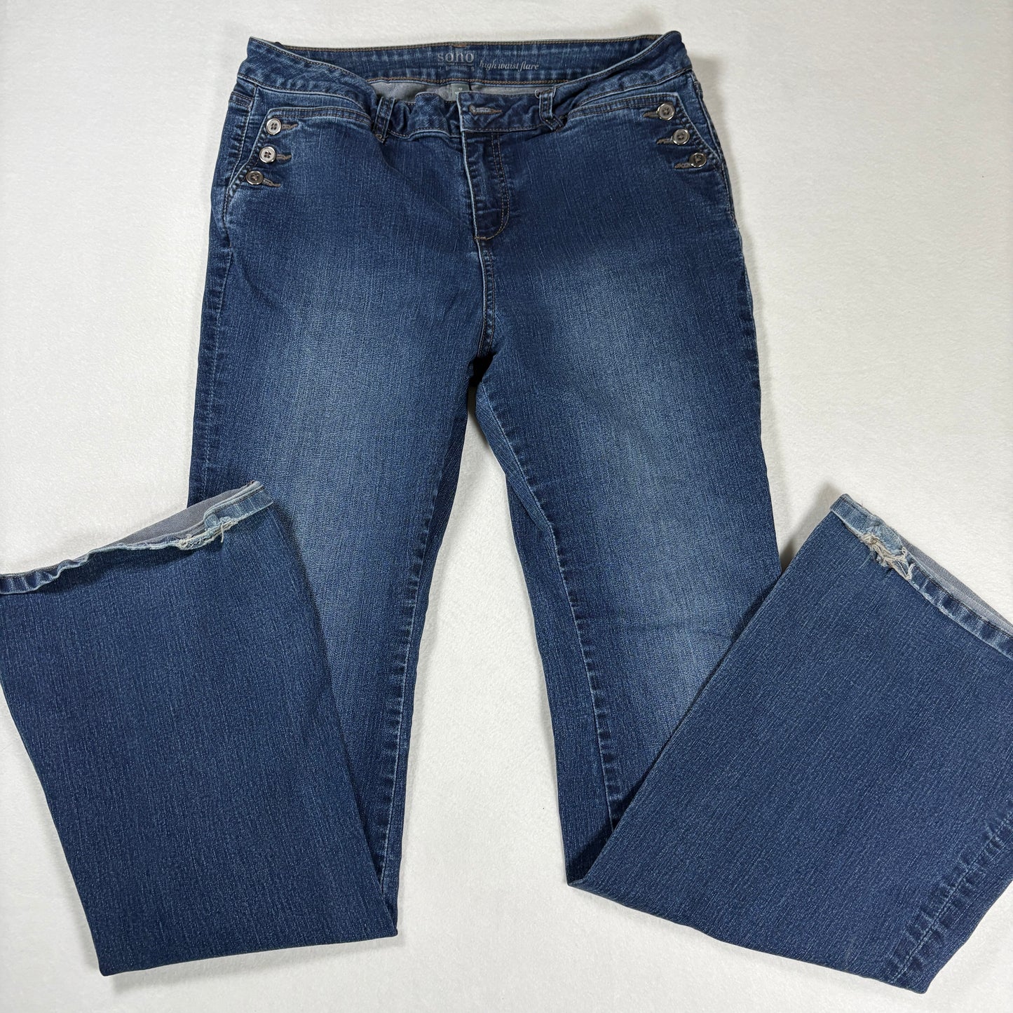 NY&C Soho Womens Jeans Sz 12 High Rise Flare Blue Denim Y2K Distressed Hem