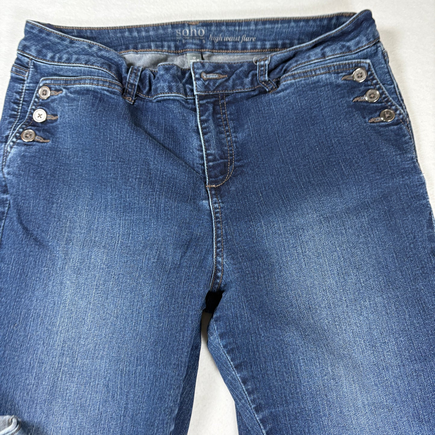 NY&C Soho Womens Jeans Sz 12 High Rise Flare Blue Denim Y2K Distressed Hem