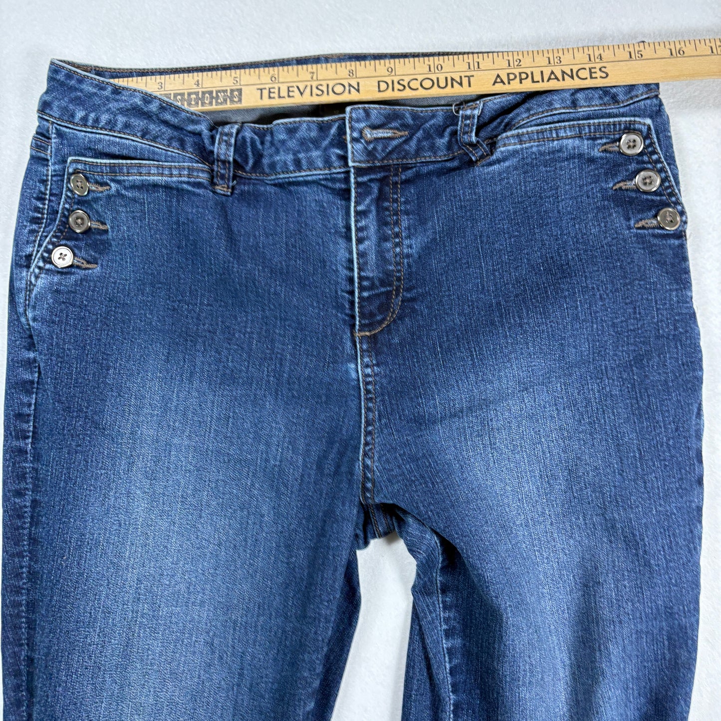 NY&C Soho Womens Jeans Sz 12 High Rise Flare Blue Denim Y2K Distressed Hem