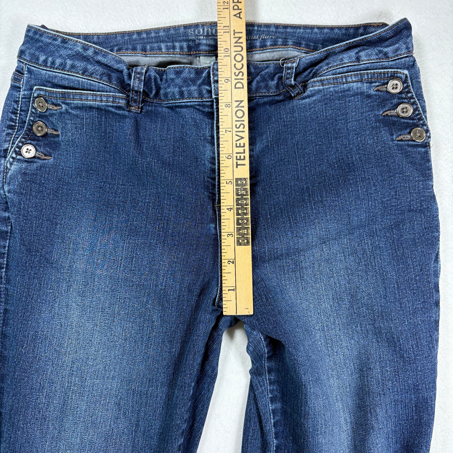 NY&C Soho Womens Jeans Sz 12 High Rise Flare Blue Denim Y2K Distressed Hem