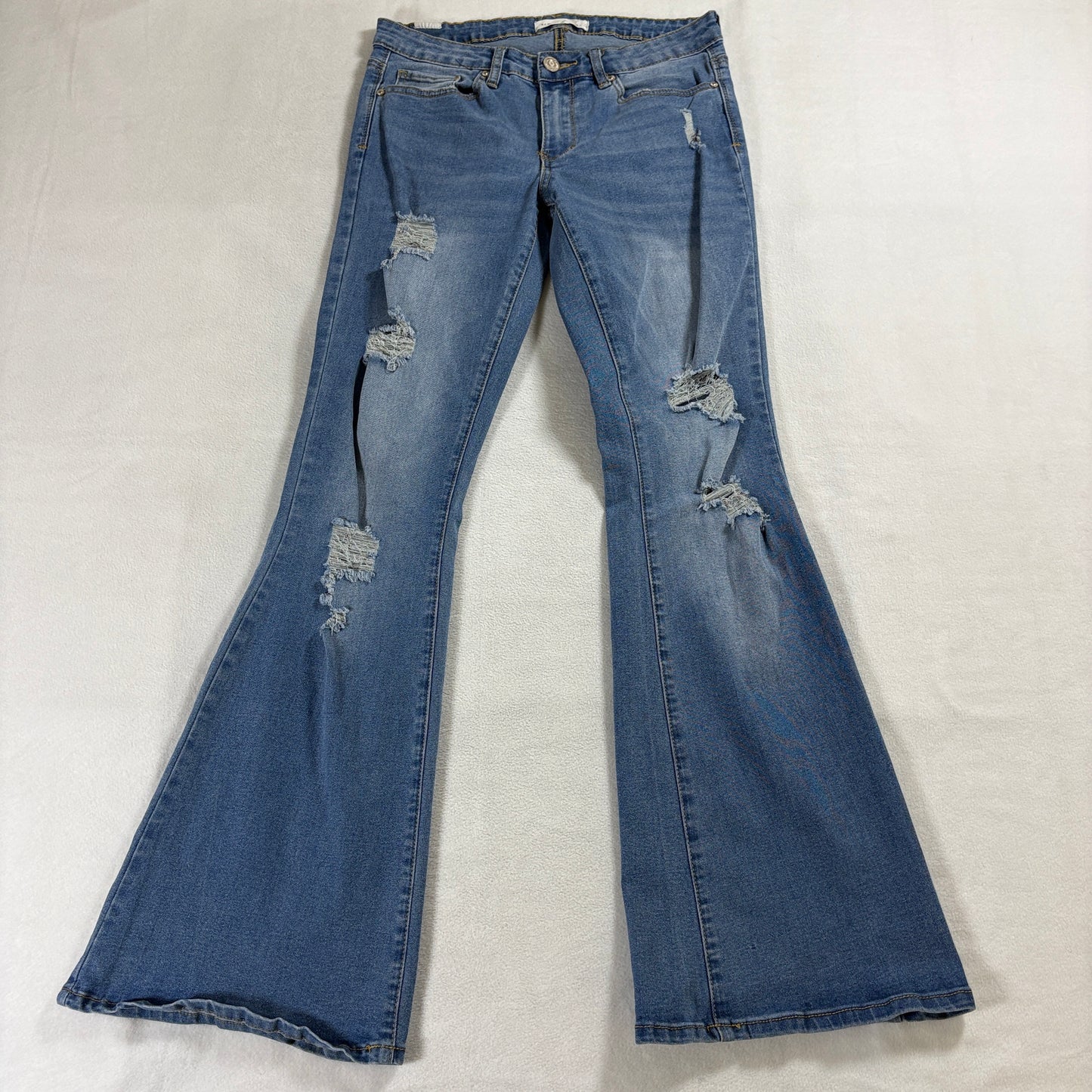 Y2K Flare Distressed Jeans Womens Tag 7 Fits Like 29X31 Light Wash Stretch Denim