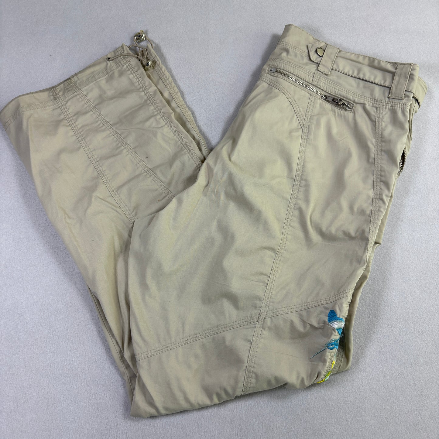 Crest Womens Beige Embroidered Cargo Pants 17/18 Y2K Zip Off Boho Utility