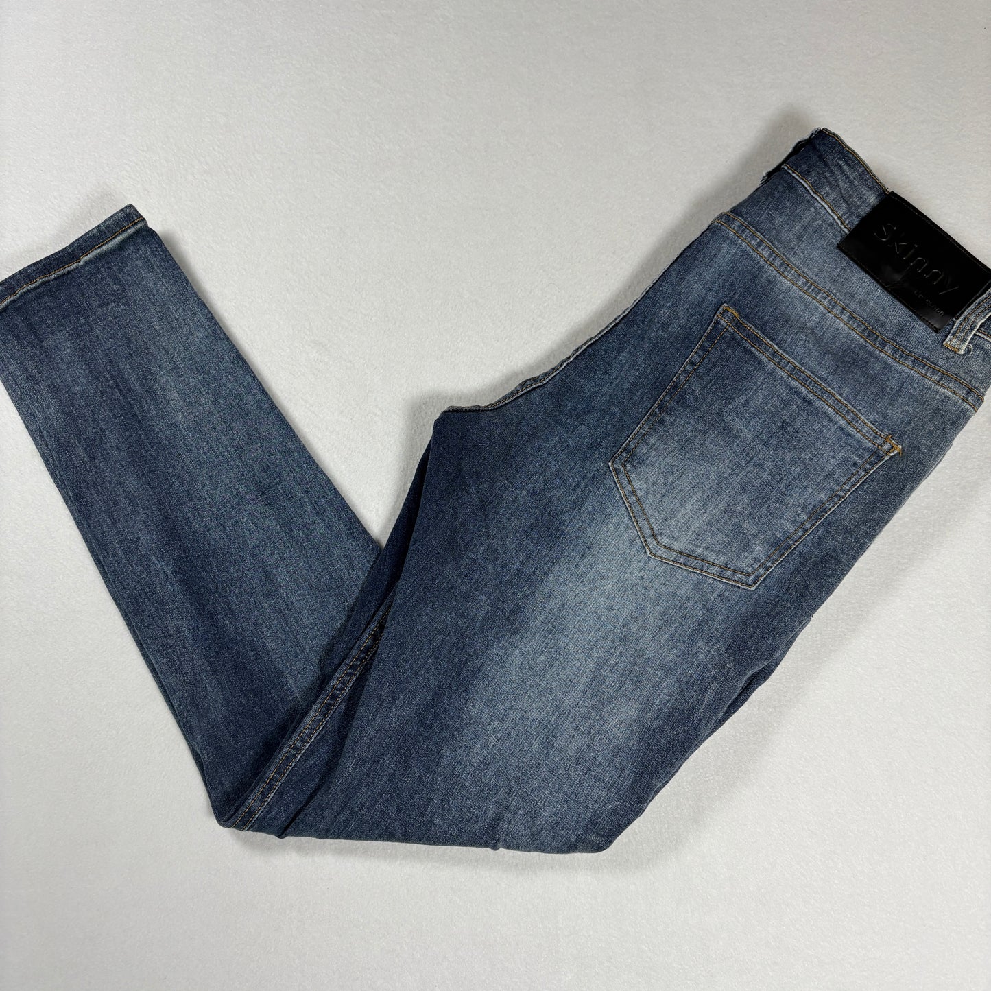 Mens Skinny Fit Jeans 34 Blue Denim Y2K Slim Stretch Distressed Wash Vintage