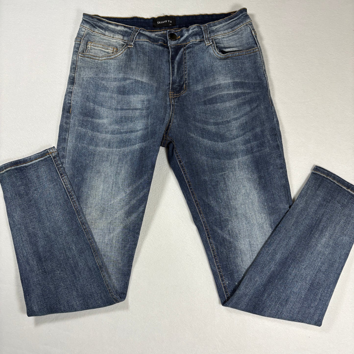 Mens Skinny Fit Jeans 34 Blue Denim Y2K Slim Stretch Distressed Wash Vintage