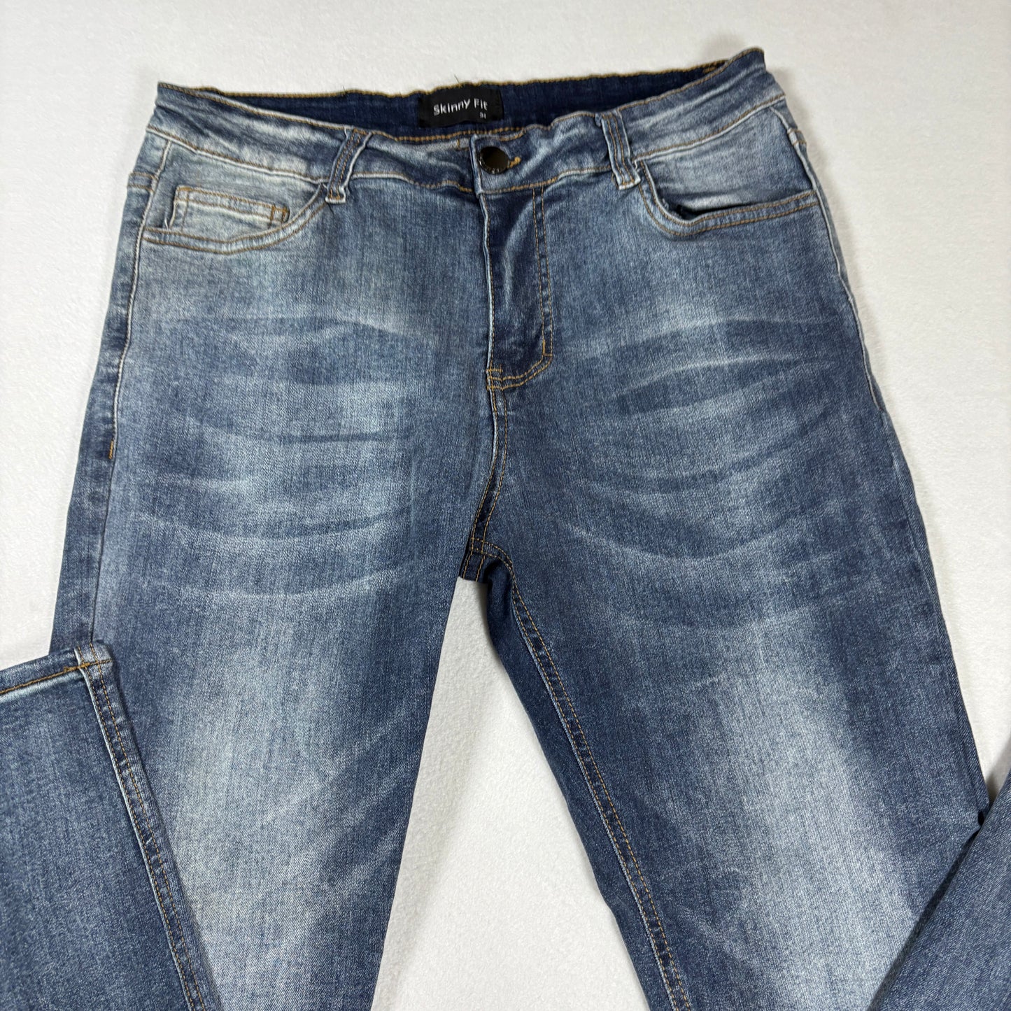 Mens Skinny Fit Jeans 34 Blue Denim Y2K Slim Stretch Distressed Wash Vintage