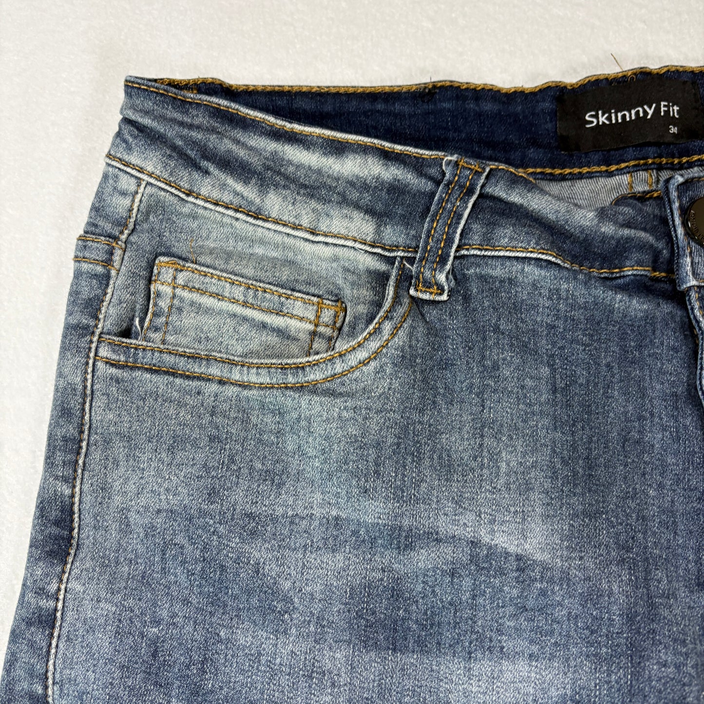 Mens Skinny Fit Jeans 34 Blue Denim Y2K Slim Stretch Distressed Wash Vintage