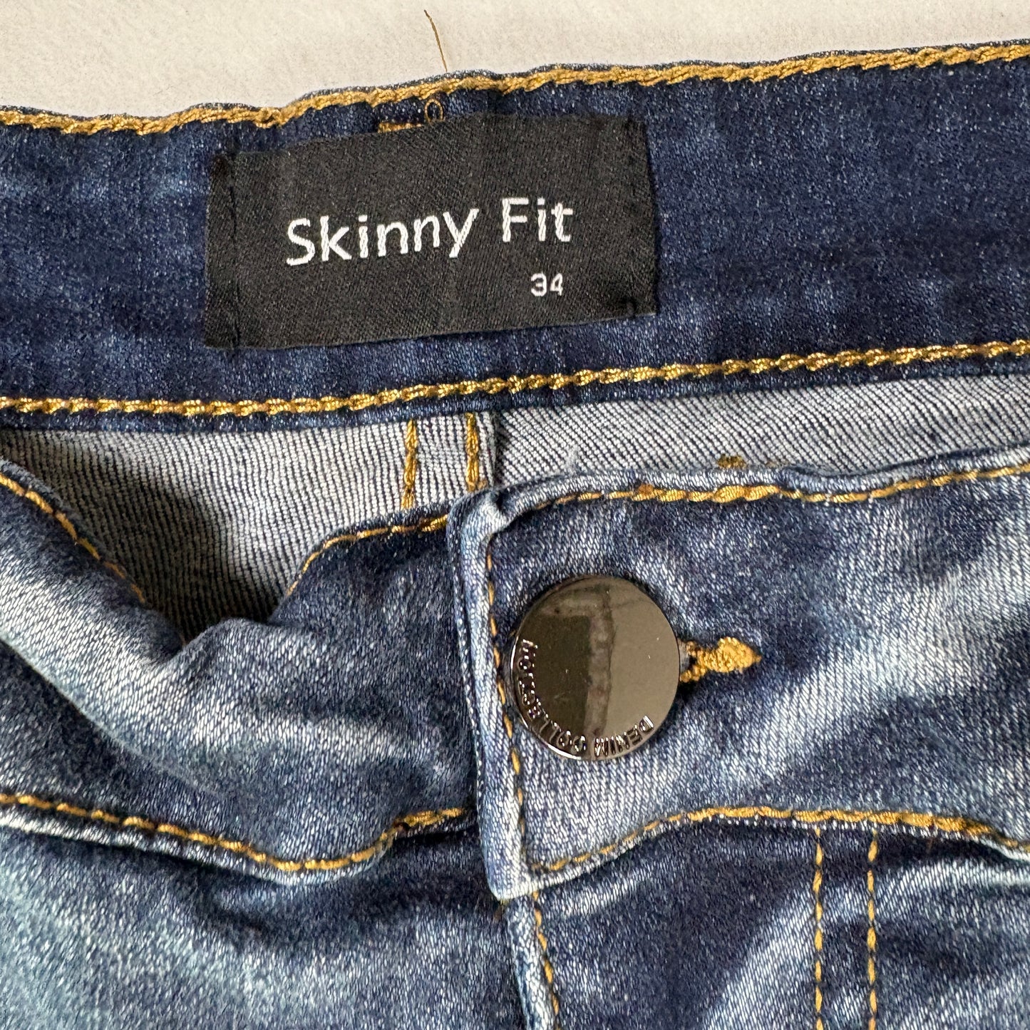 Mens Skinny Fit Jeans 34 Blue Denim Y2K Slim Stretch Distressed Wash Vintage