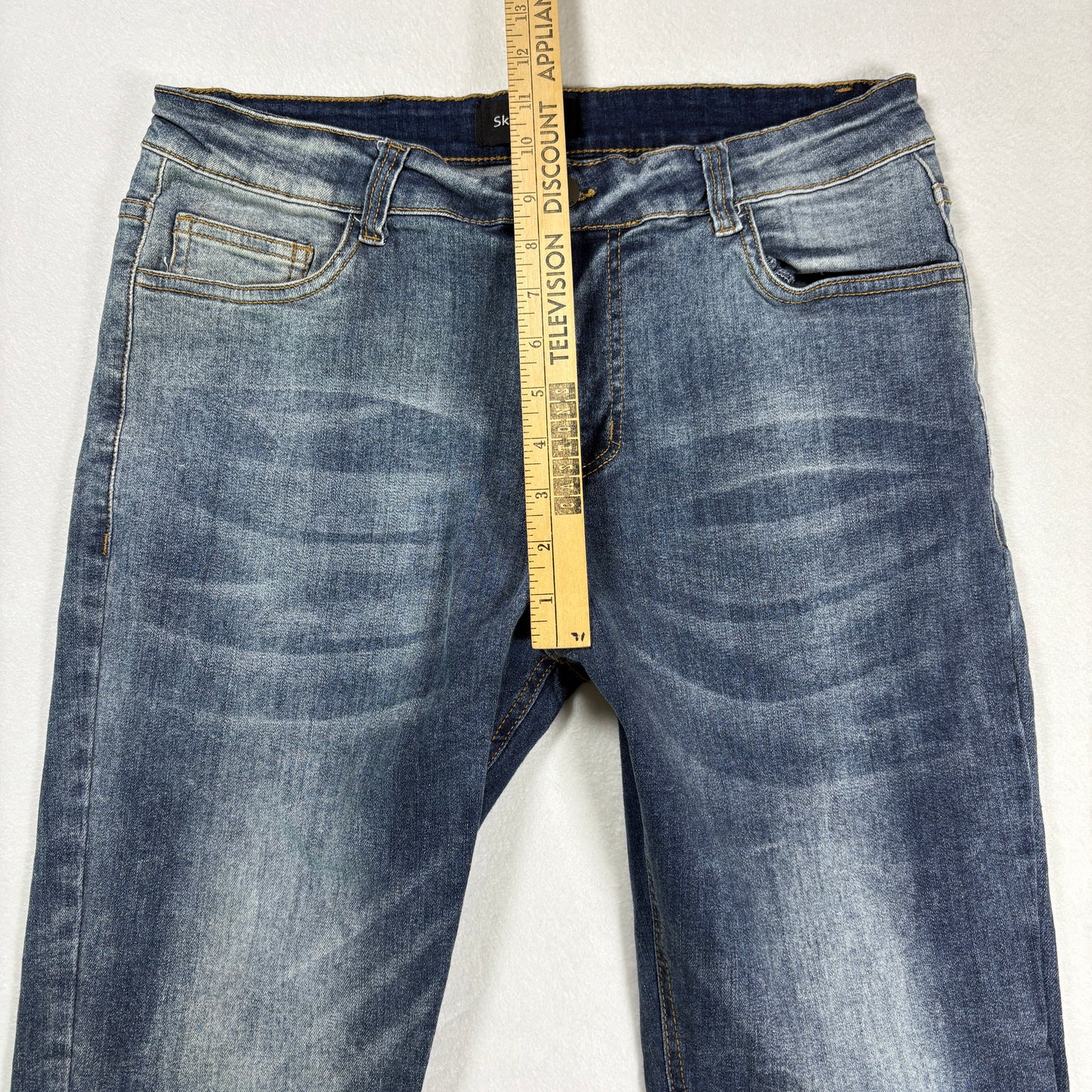 Mens Skinny Fit Jeans 34 Blue Denim Y2K Slim Stretch Distressed Wash Vintage