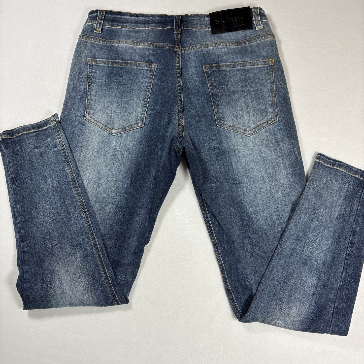 Mens Skinny Fit Jeans 34 Blue Denim Y2K Slim Stretch Distressed Wash Vintage