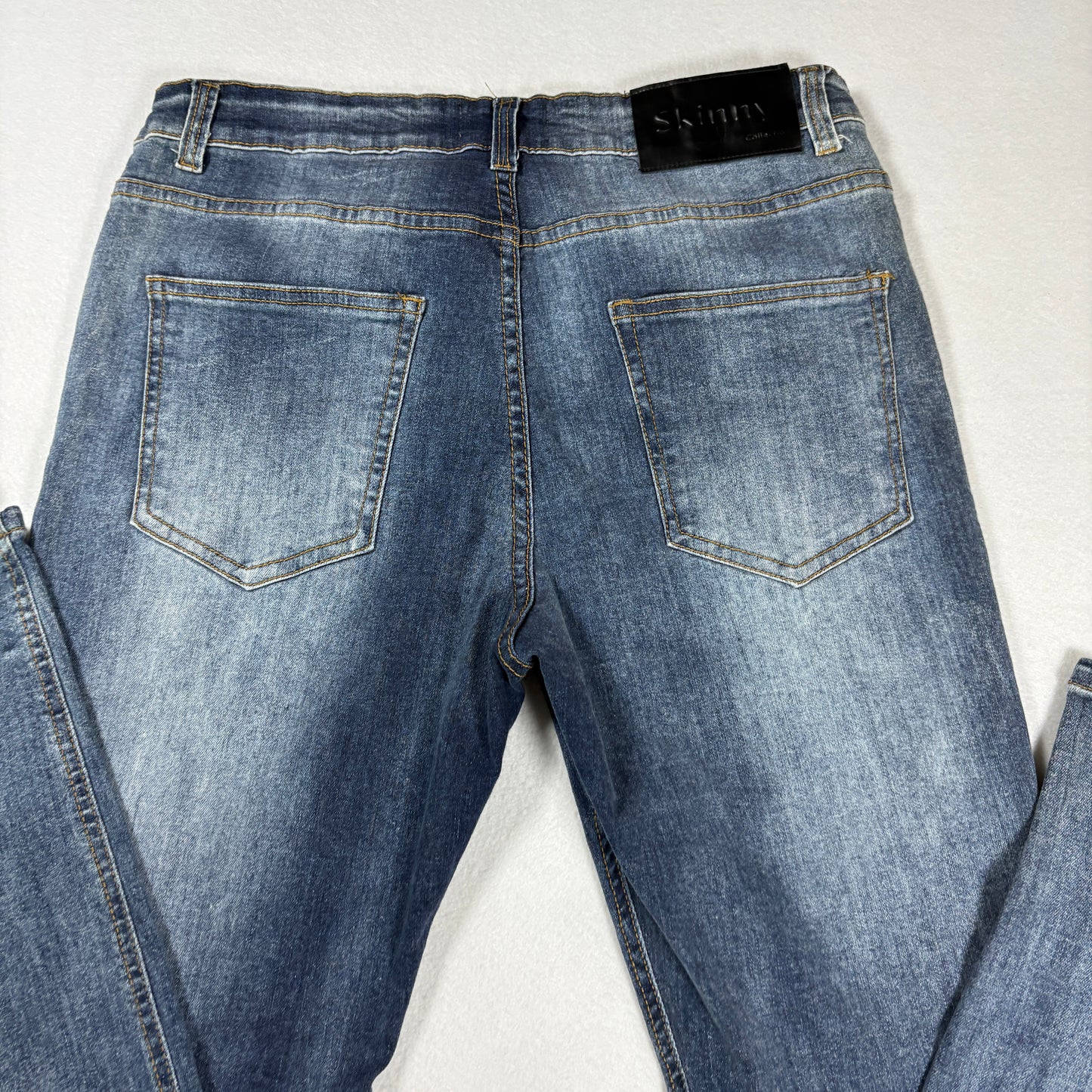 Mens Skinny Fit Jeans 34 Blue Denim Y2K Slim Stretch Distressed Wash Vintage