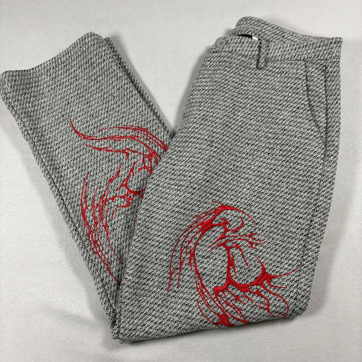 Delirium Dreaming Mens Gray Knit Pants XL Red Flame Graphic Y2K Grunge Streetwear