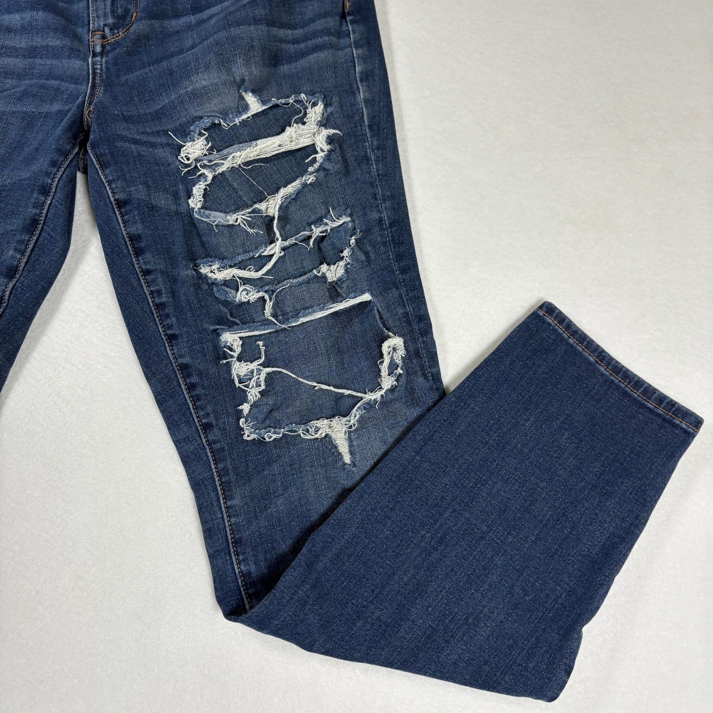 American Eagle Womens Jeans 14R Dark Wash Distressed Ripped Stretch Denim Y2K