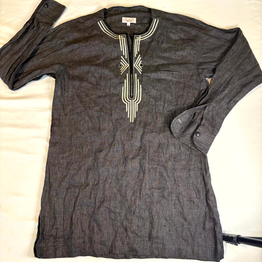 Awo’s Creations Men’s African Linen Tunic Shirt XL Black Embroidered Made in Ghana