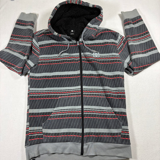 DC Shoes Mens Sherpa Lined Zip Hoodie Large Gray Red Stripe Skate Streetwear