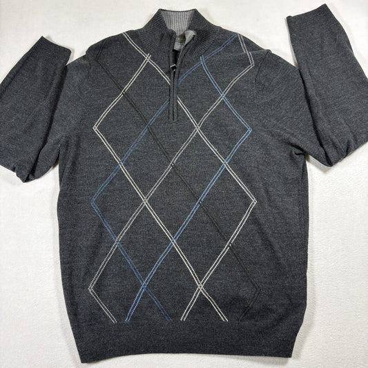 Tricots St Raphael Mens L Gray Argyle 1/4 Zip Sweater Knit Pullover Golf Retro