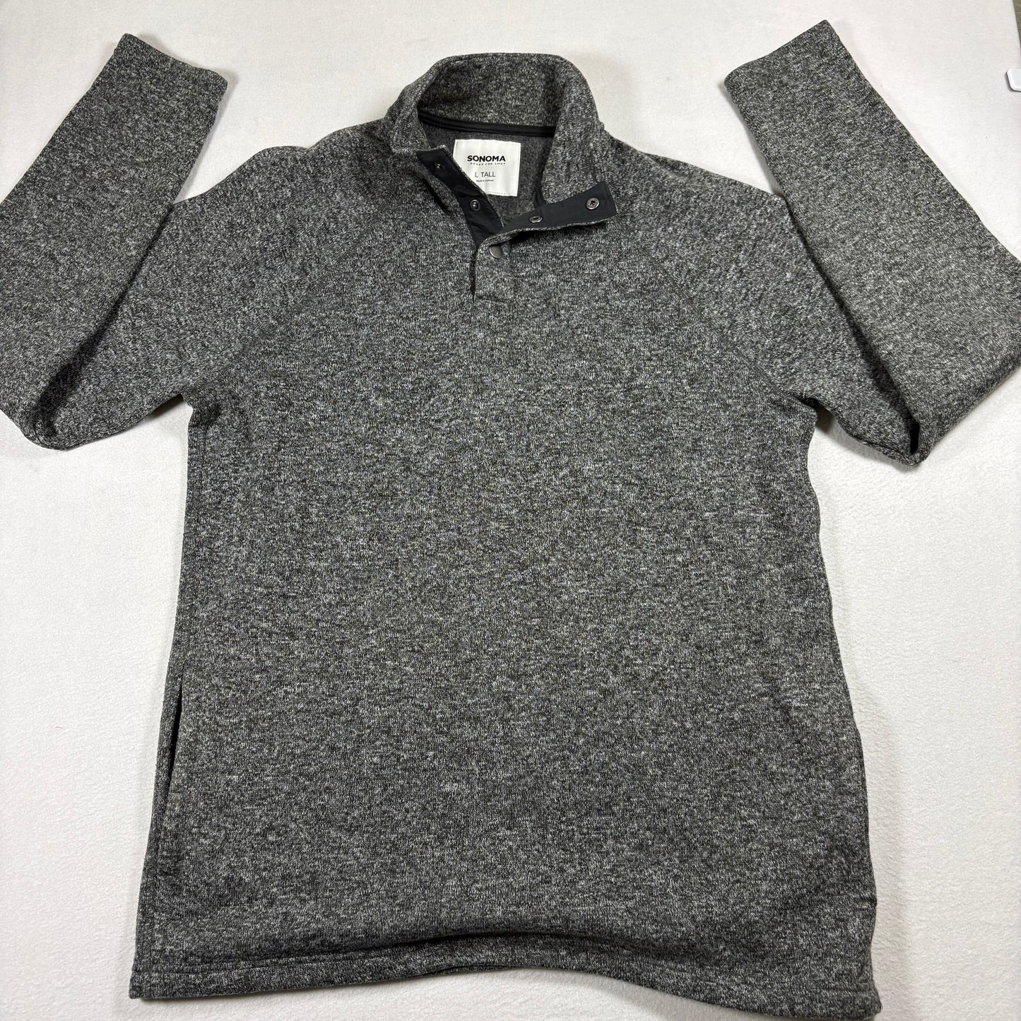 Sonoma Mens L Tall Gray Snap Pullover Sweater Fleece Knit Quarter Button Warm