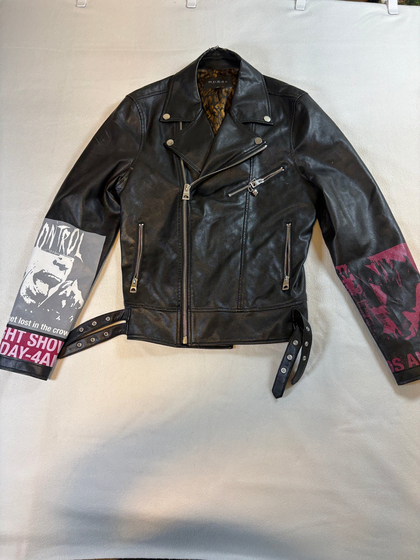Moto Biker Punk Graphic Jacket Studded Guess M Fits Like X Black Zip Grunge Y2K