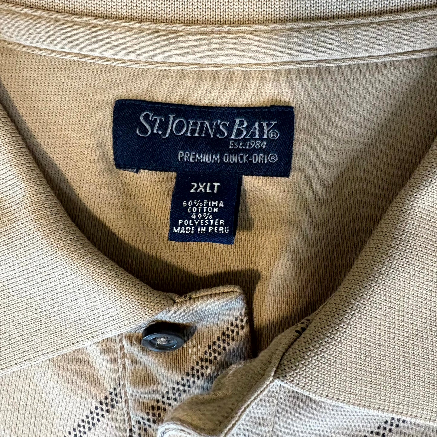 St John’s Bay Men’s Polo Shirt 2XLT Tan Diamond Pattern Quick-Dri Pima Cotton