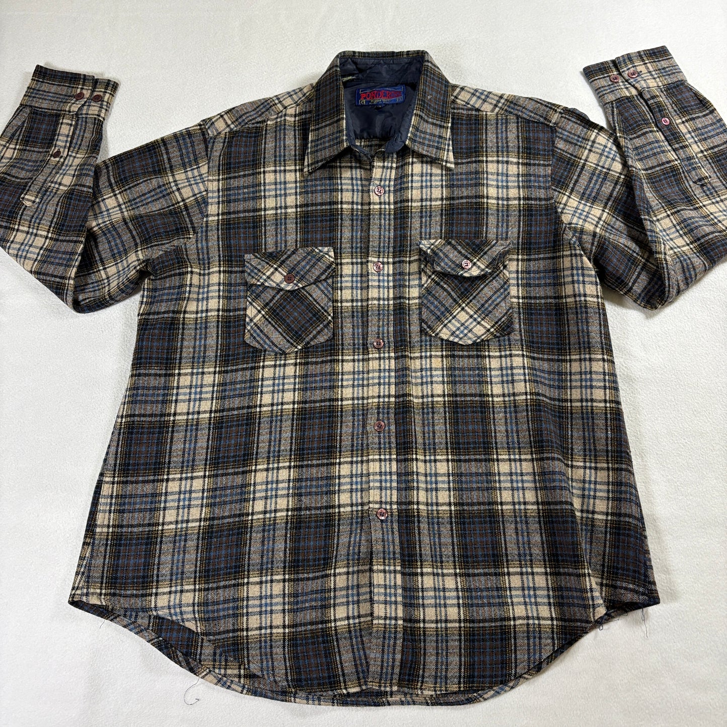 Vintage Flannel Shirt Plaid Workwear Ponderosa XL Fits Like X Brown Blue USA