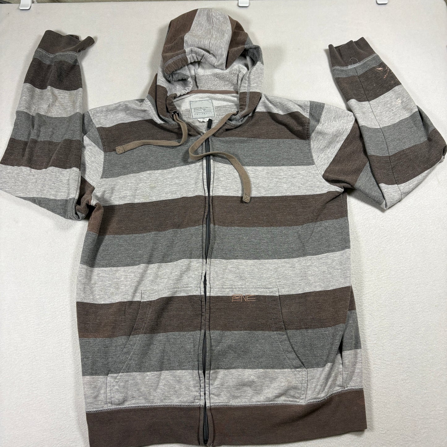 Trinity Collective Mens Large Brown Gray Stripe Zip Up Hoodie Casual Defects