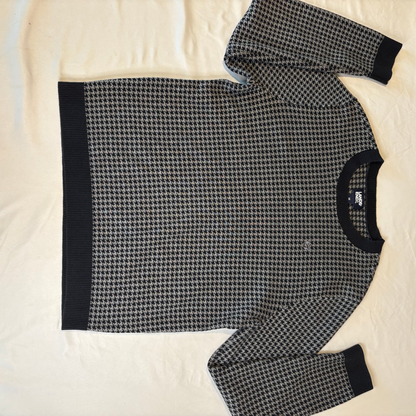 Lands’ End Men’s Sweater M 38-40 Black Gray Houndstooth Crewneck Pullover