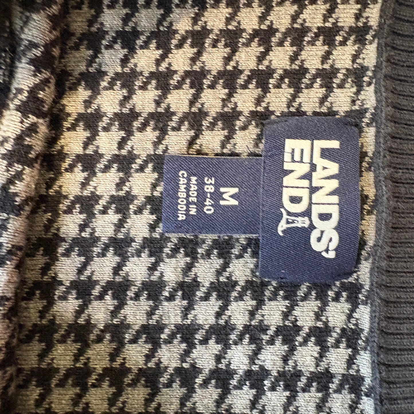Lands’ End Men’s Sweater M 38-40 Black Gray Houndstooth Crewneck Pullover