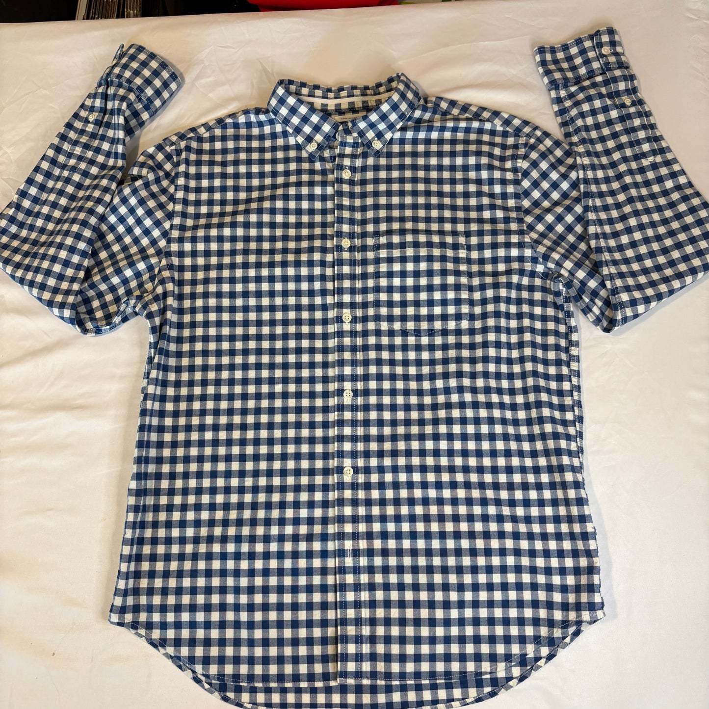 Old Navy Men’s Oxford Shirt Large Blue White Gingham Check Slim Fit Stretch