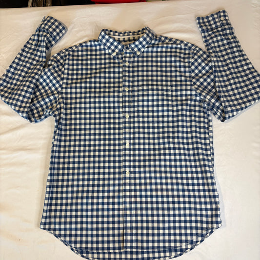 Old Navy Men’s Oxford Shirt Large Blue White Gingham Check Slim Fit Stretch