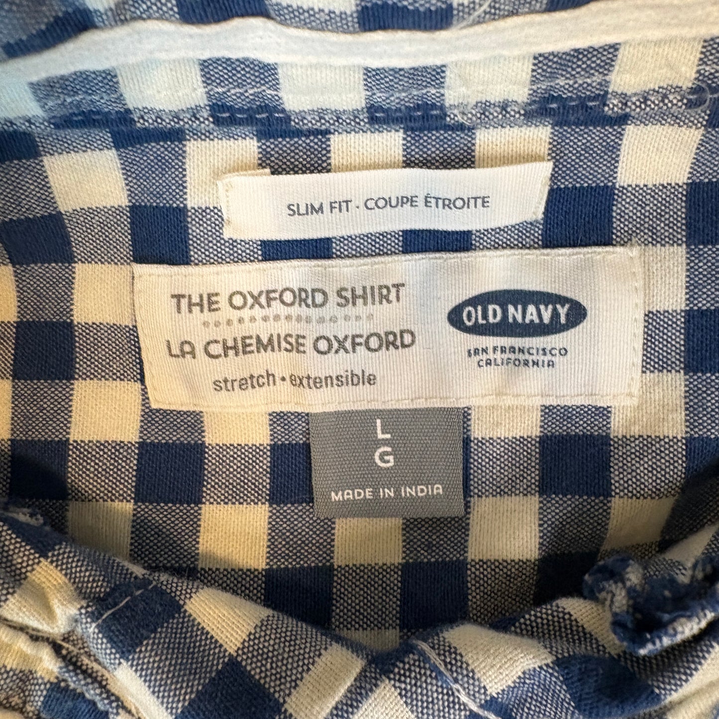 Old Navy Men’s Oxford Shirt Large Blue White Gingham Check Slim Fit Stretch