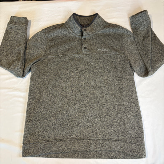 Eddie Bauer Men’s Pullover Sweater XL Gray Button Mock Neck Fleece Lined Warm