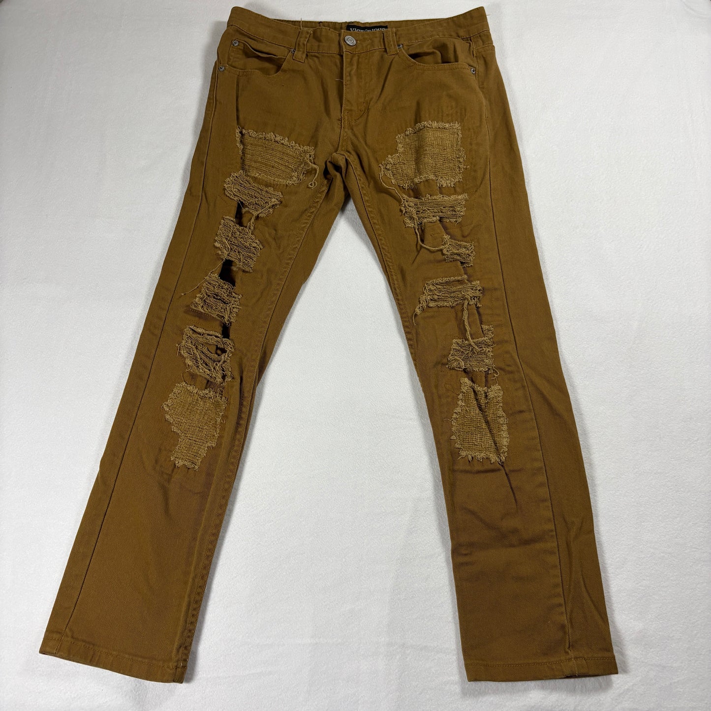 Victorious Jeans Mens Size 30x30 Brown Distressed Ripped Stretch Denim Pants Fit