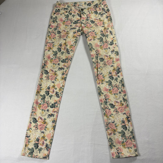 Floral Skinny Jeans Womens Size 25 Cream Pink Stretch Y2K Cottagecore Vintage Up