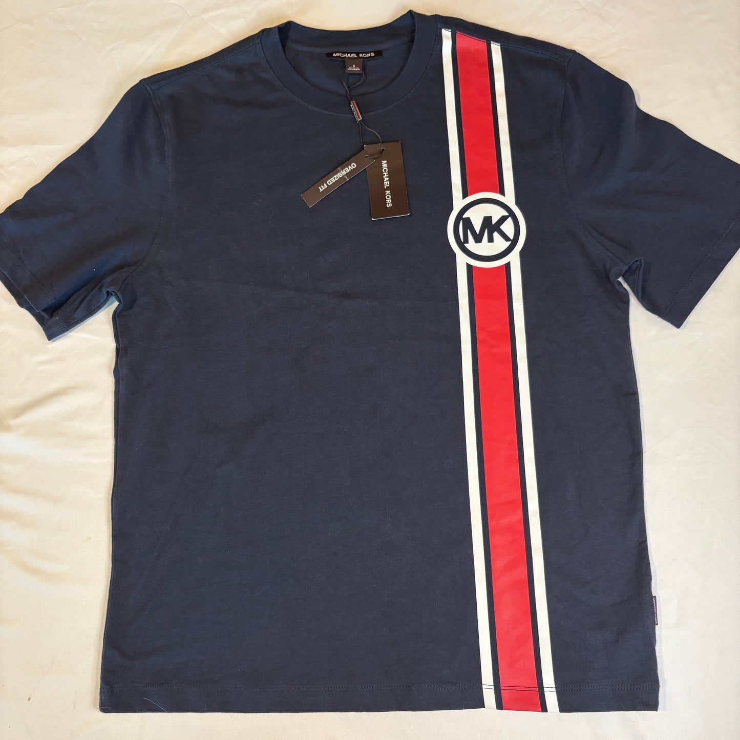 Michael Kors Mens T-Shirt Small Navy Red Stripe MK Logo Graphic Short Sleeve NWT