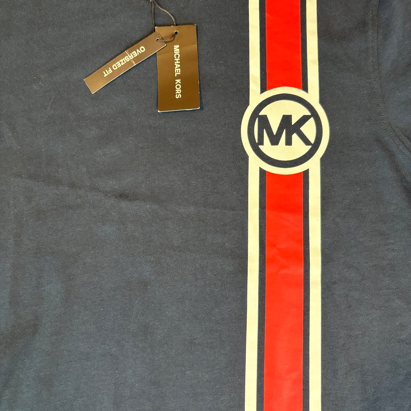 Michael Kors Mens T-Shirt Small Navy Red Stripe MK Logo Graphic Short Sleeve NWT