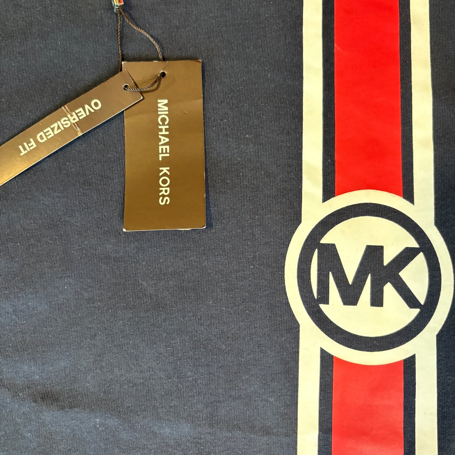 Michael Kors Mens T-Shirt Small Navy Red Stripe MK Logo Graphic Short Sleeve NWT