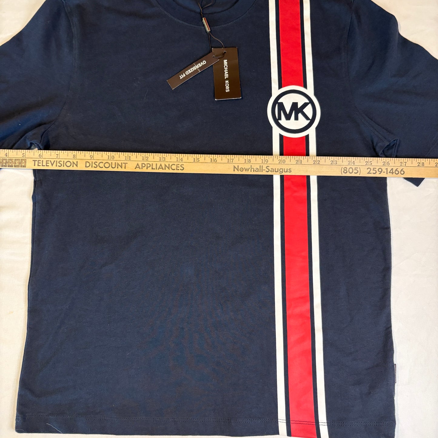 Michael Kors Mens T-Shirt Small Navy Red Stripe MK Logo Graphic Short Sleeve NWT