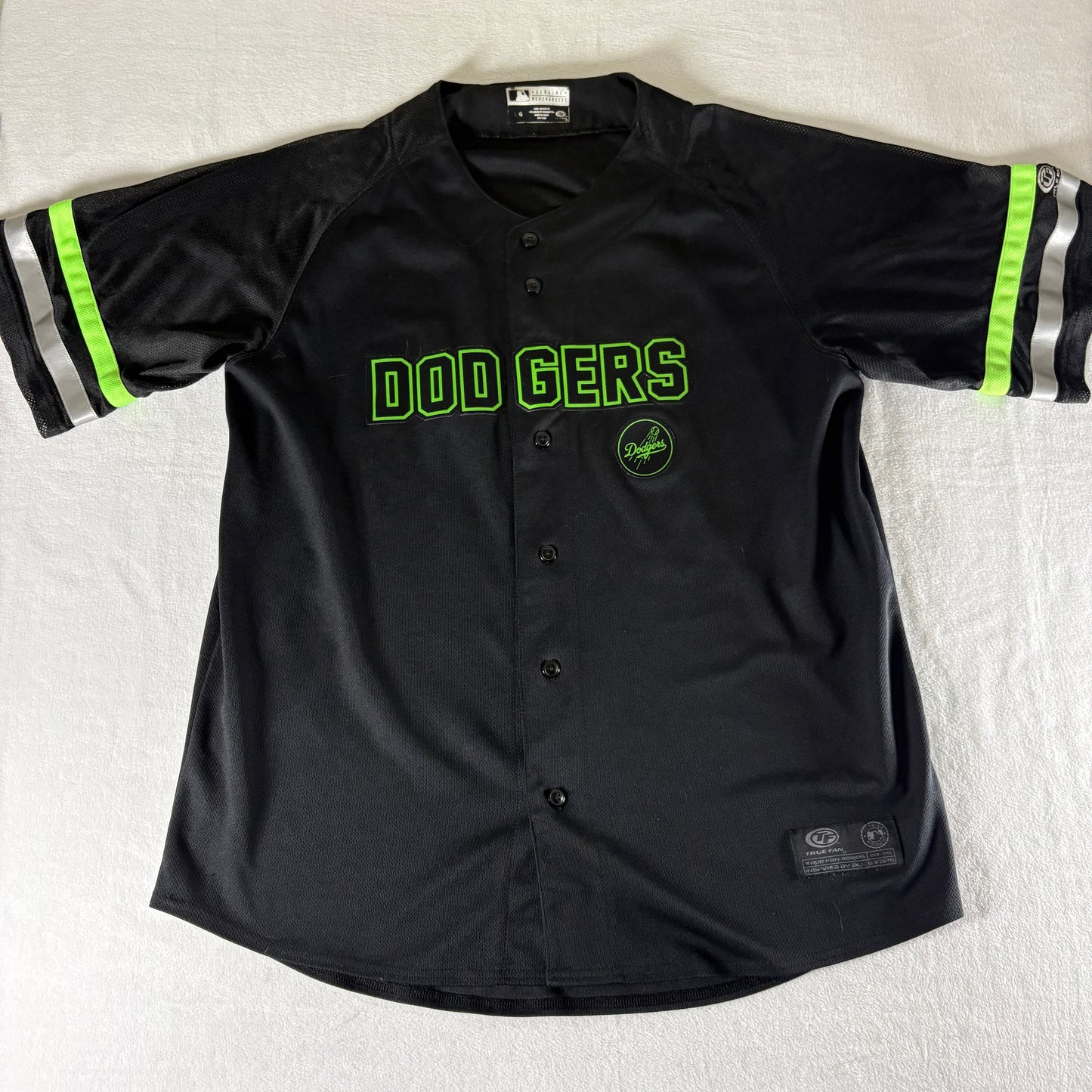 True Fan Dodgers Black Neon Green Jersey Youth L MLB Genuine Merchandise