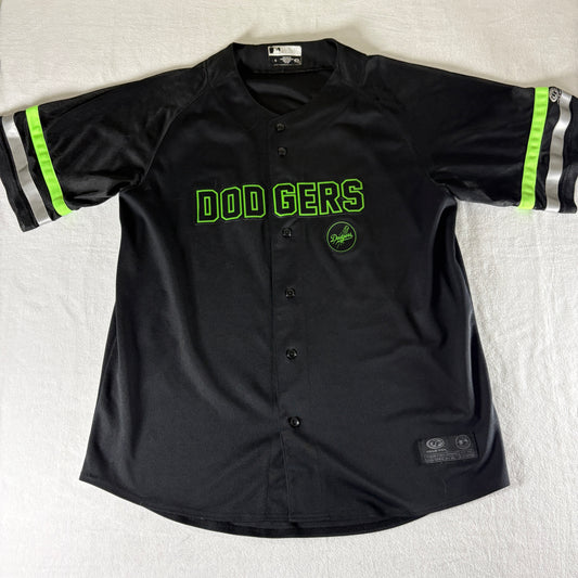 True Fan Dodgers Black Neon Green Jersey Youth L MLB Genuine Merchandise