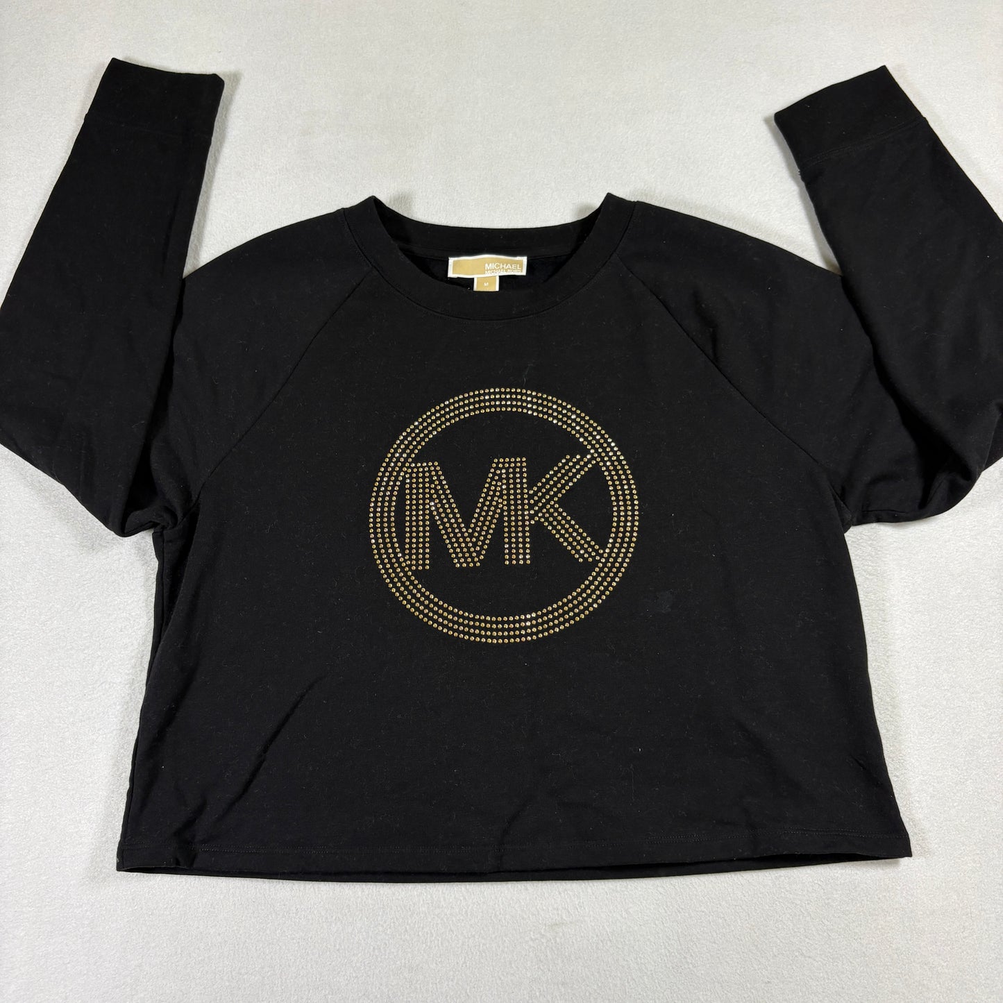Womens M Michael Kors Black Long Sleeve MK Logo Rhinestone Top Shirt Y2K Style
