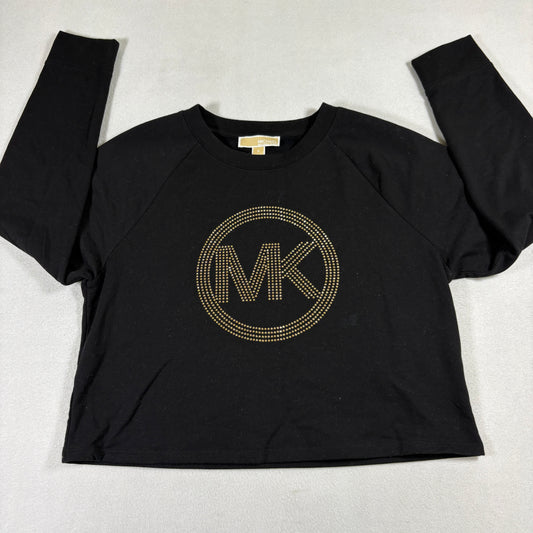 Womens M Michael Kors Black Long Sleeve MK Logo Rhinestone Top Shirt Y2K Style