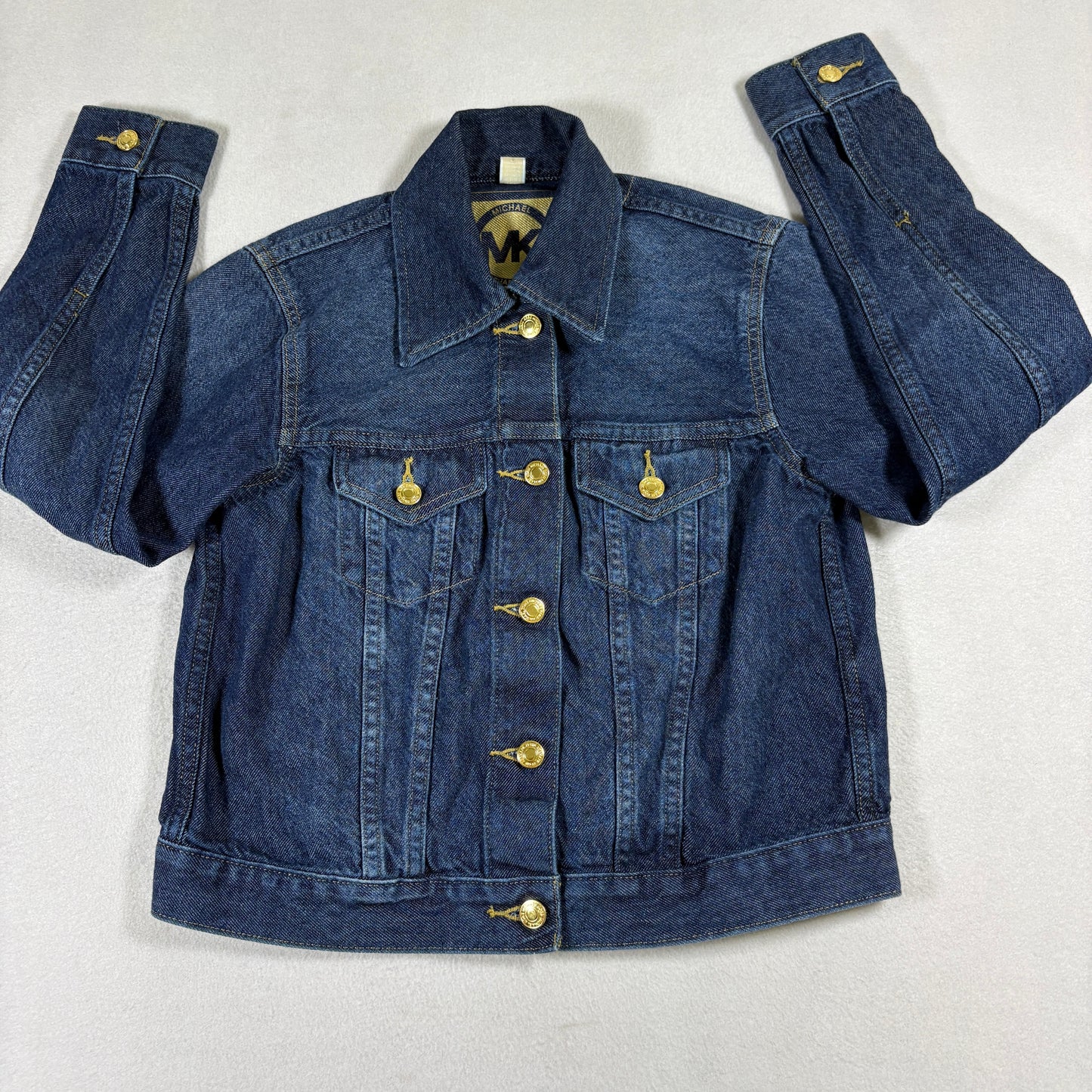 Womens S Michael Kors Denim Jacket Blue Gold Button MK Logo Vintage Y2K Style