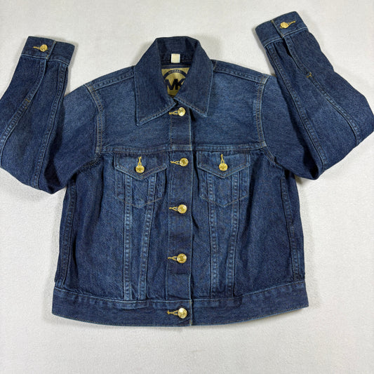 Womens S Michael Kors Denim Jacket Blue Gold Button MK Logo Vintage Y2K Style