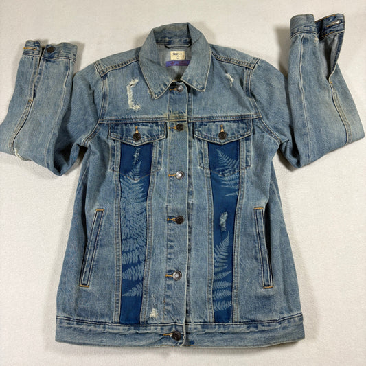 Womens XS Gap 1969 Denim Jacket Distressed Botanical Fern Print Back Patch Y2K